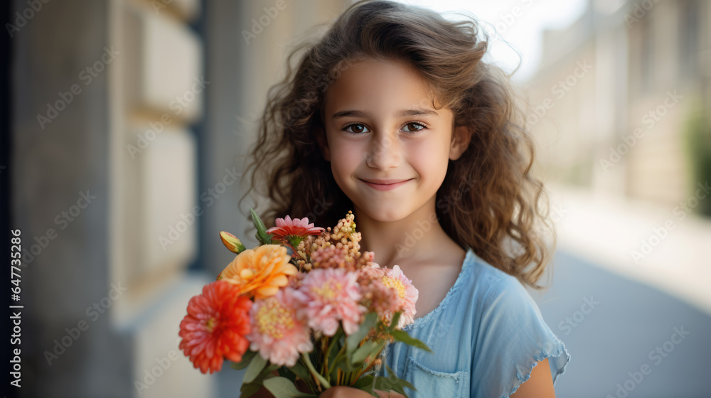 Little girl holds a bouquet of flowers in her hands