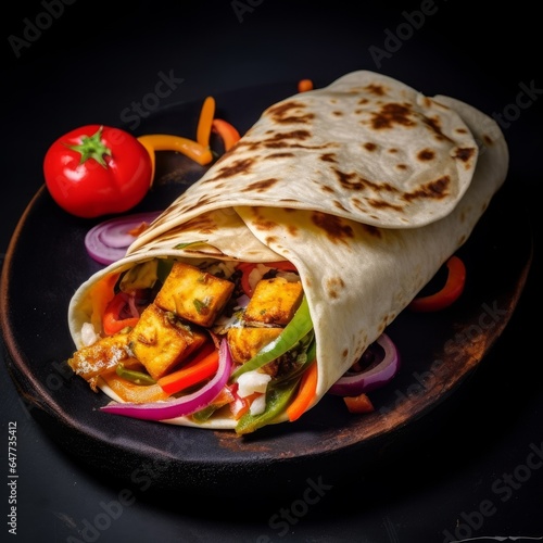 veg paneer shawarma on black background