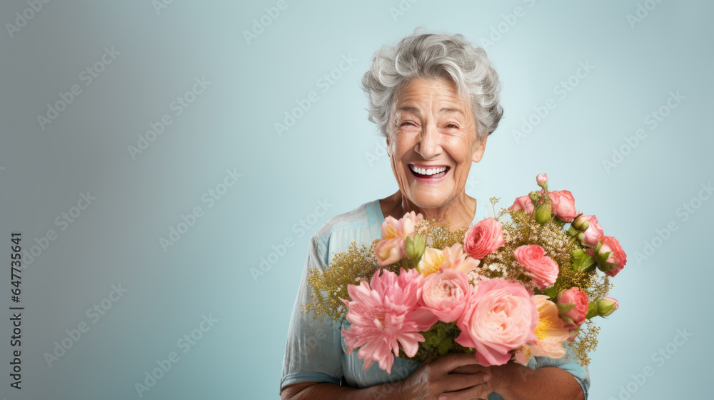 Happy senior woman holds a bouquet of flowers in her hands Happy senior woman holds a bouquet of flowers in her hands