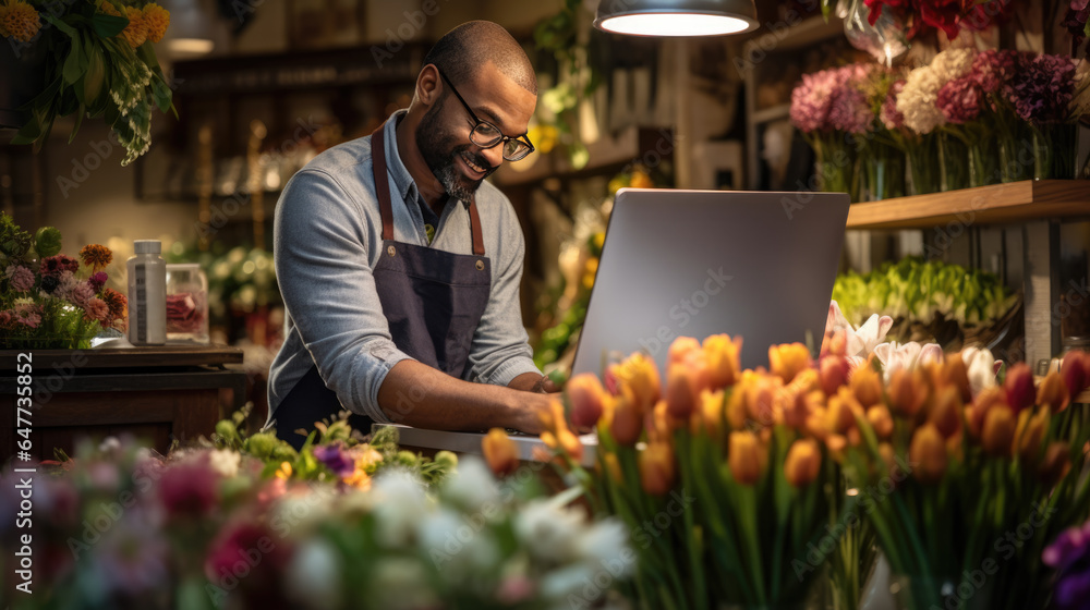 Portrait of man entrepreneur sitting in own flower shop, working on laptop. Portrait of man entrepreneur sitting in own flower shop, working on laptop.