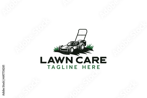 lawn care logo with a combination of grassland and lawn mower