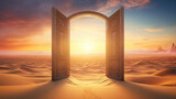 Wooden door opens to a desert sunrise, symbolizing hope, opportunity, and new beginnings.