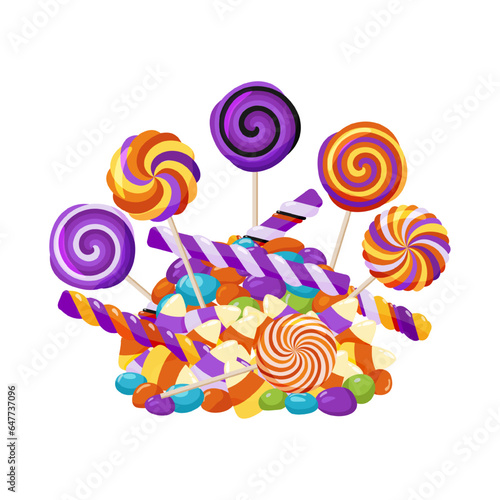 Candy and lollipops on a white background. Various sweets for children for the holiday Halloween. Multicolored sweet treats. Vector illustration.
