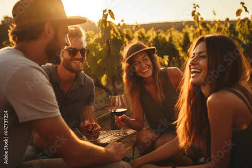 a group of friends drinking wine on a vineyard at sunset