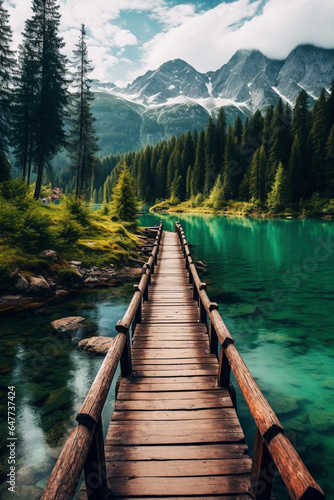 Wooden bridge over tranquil mountain lake surrounded by stunning natural landscapes