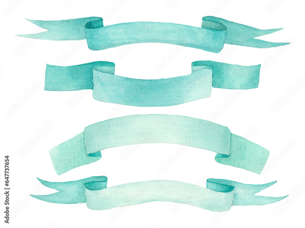 Hand drawn watercolor mint green ribbons. Hand drawn stripes or banners for text. Perfect for invitations, greeting cards, prints