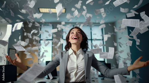 Happy businesswoman throwing papers in the air as a sign of victory and success in her work