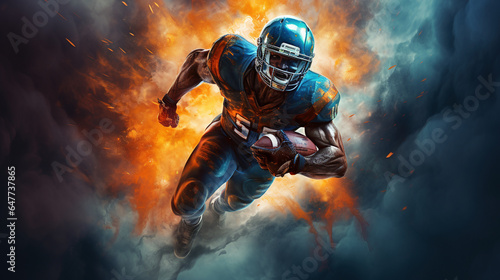 American football player soars through the air in a dramatic, high-impact moment. © swissa