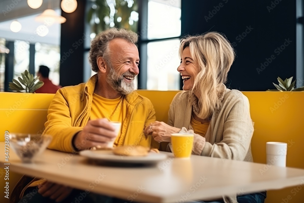 A happy, loving couple enjoys a cheerful morning together at a cafe, sipping coffee and sharing a romantic date. A happy, loving couple enjoys a cheerful morning together at a cafe, sipping coffee and sharing a romantic date.
