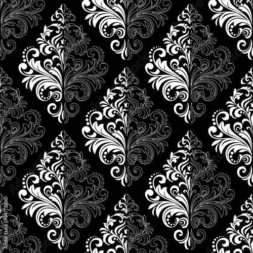 Wallpaper in the style of Baroque. Seamless vector background. White and black floral ornament. Graphic pattern for fabric, wallpaper, packaging. Ornate Damask flower ornament