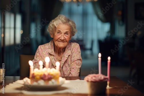A senior woman celebrates her birthday alone at home, with a cake, feeling lonely and sad.