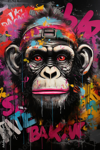 A monkey's head. Set against a black wall, the monkey is surrounded by abstract graffiti elements, including tags and spontaneous splashes of paint, capturing the raw energy of urban creativity.