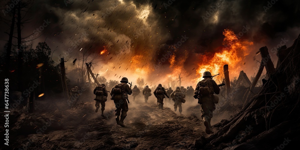 Soldiers running across the battlefield. Explosions in the background. - obrazy, fototapety, plakaty 