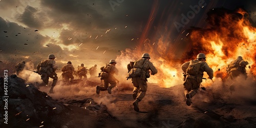 Soldiers running across the battlefield. Explosions in the background.