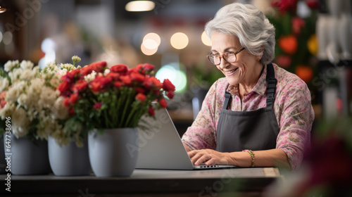 Portrait of senior woman entrepreneur sitting in own flower shop, working on laptop. © MP Studio