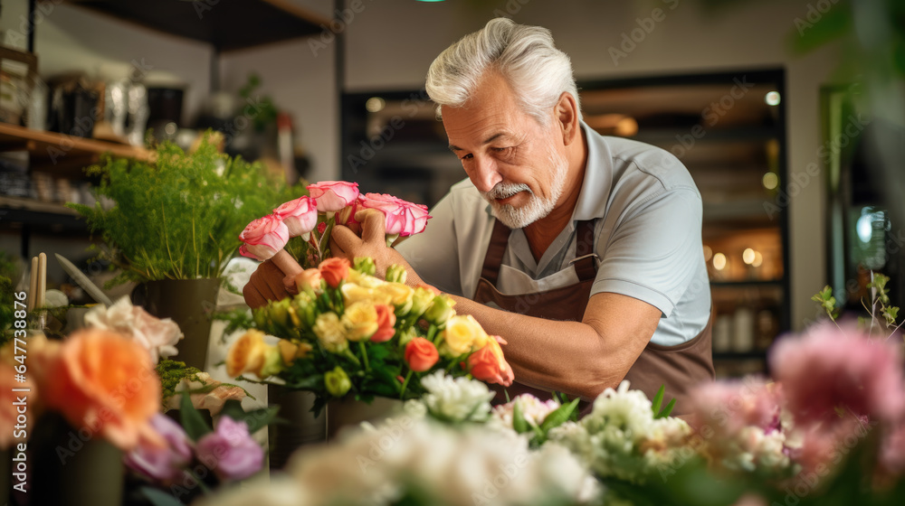 Senior man working in a flower store Senior man working in a flower store