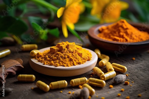 Alternative medicine, antioxidant food and herbal remedy concept theme with macro close up on supplement pill of curcumin or turmeric with a heap of the spice in dry powder form in the background
