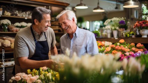 Owner of a flower shop talks to a customer to help him choose a bouquet of flowers