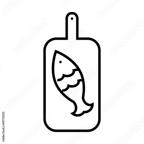 Simple outline of fish on cutting board vector icon. Black line drawing or cartoon illustration of fish product isolated on white background. Fishmonger, food, cooking concept