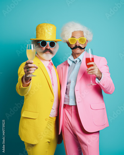 Two friends dressed in vibrant colorful pastel suits and glasses toast with glasses full of champagne in front of a minimal pastel background. Creative concept of New Year's and Christmas party. 