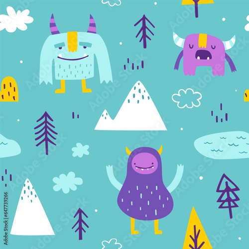 Bright nordic pattern with cute yeti. Seamless scandinavian vector print with naive doodle yeti for kids.