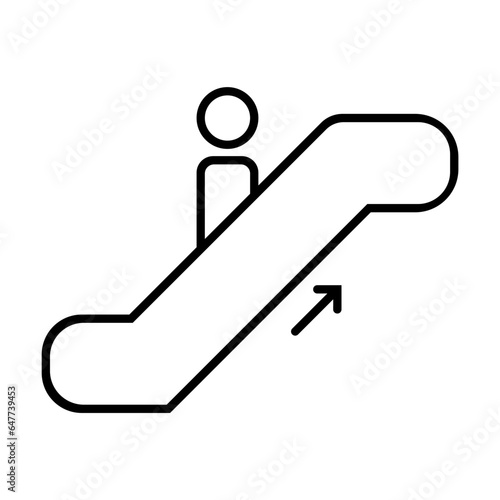 Simple outline of person on escalator going up vector icon. Black line drawing or cartoon illustration of shopping mall sign on white background. Navigation, direction, motion concept