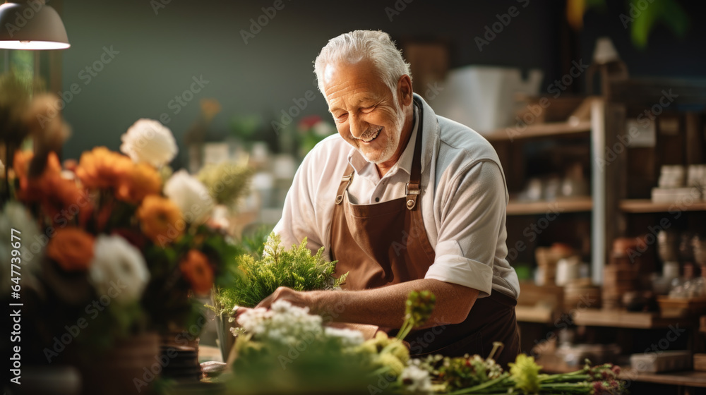 Senior man working in a flower store Senior man working in a flower store