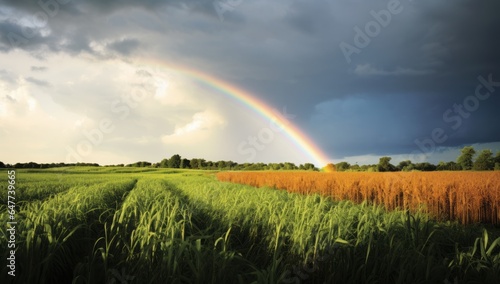 A Vibrant Rainbow Arches Over a Lush Green Field Adorned 