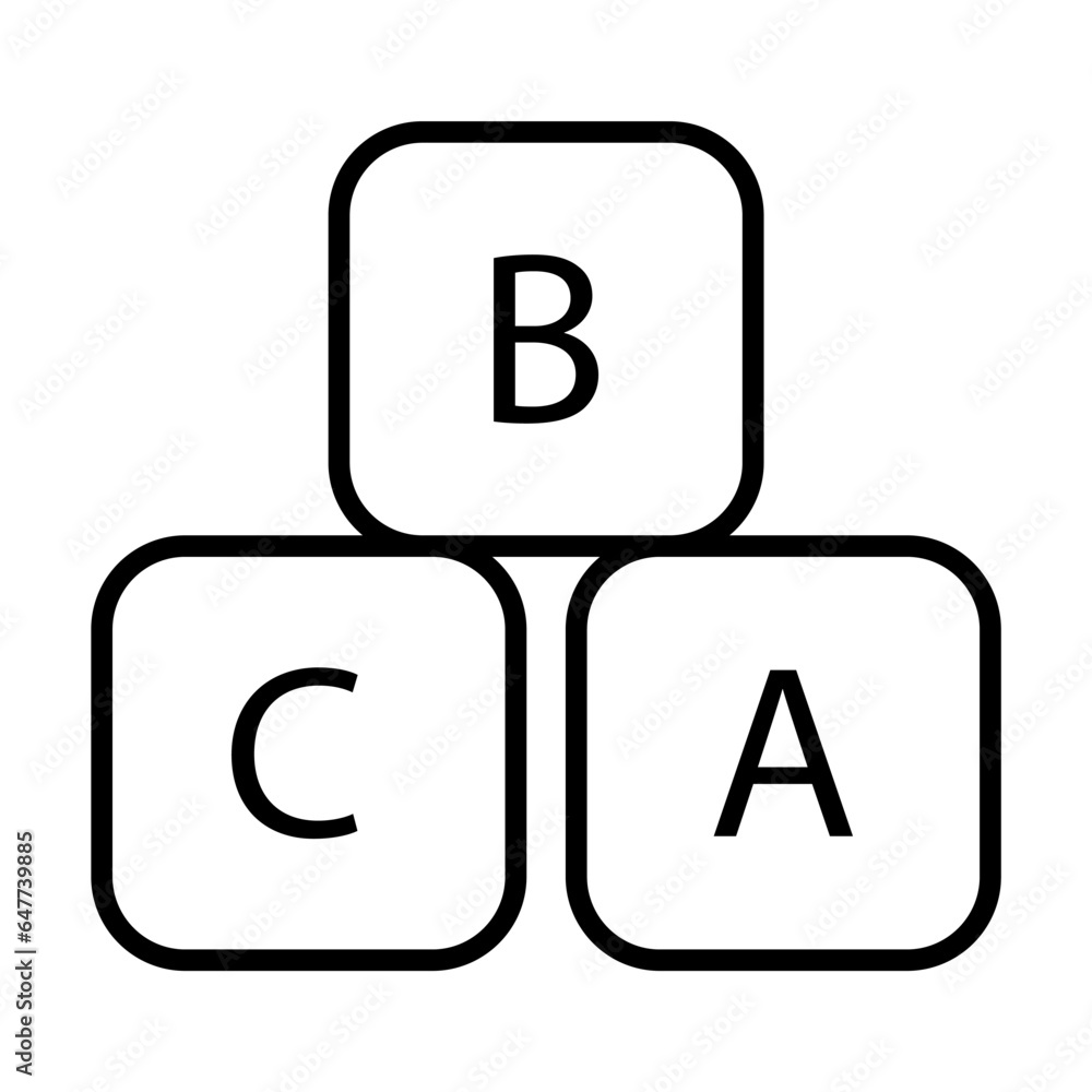 Simple outline of wooden alphabet cubes vector icon. Black line drawing or cartoon illustration of toys for kids on white background. Childhood, child care, entertainment, education concept Simple outline of wooden alphabet cubes vector icon. Black line drawing or cartoon illustration of toys for kids on white background. Childhood, child care, entertainment, education concept