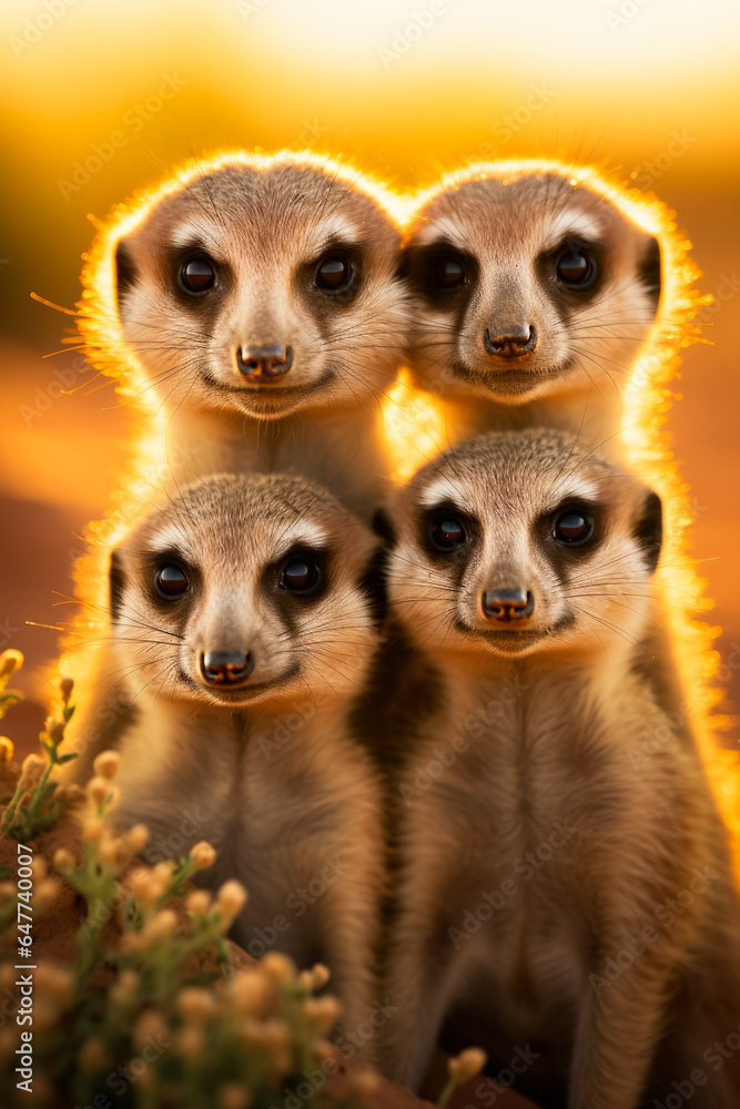 A close-up photo of a meerkat family huddled together playfully grooming and basking under the desert sun 