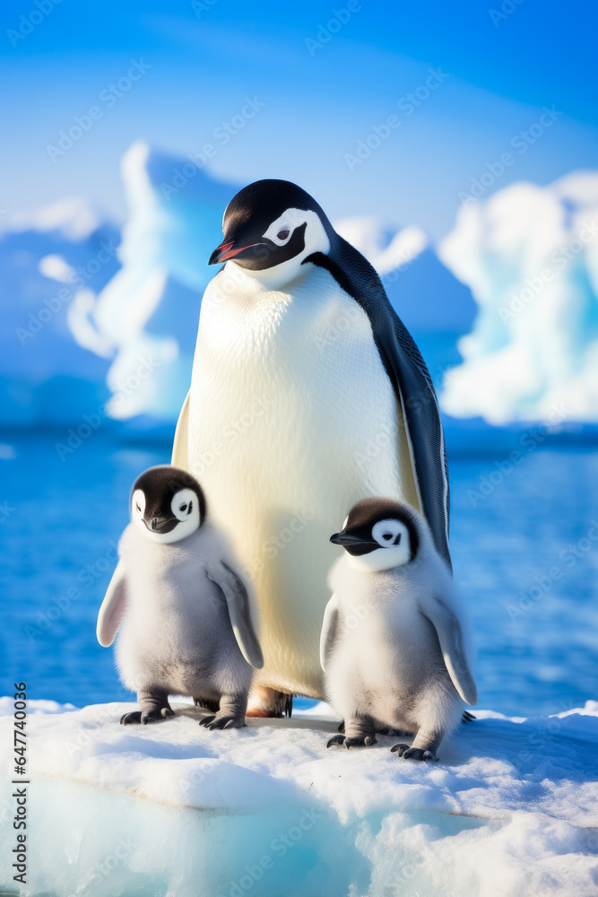 Fototapeta premium A charming photo of penguin parents and their adorable chicks set against a breathtaking Antarctic background with empty space for text 