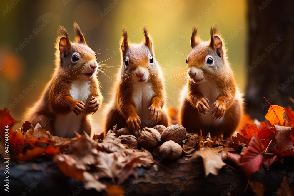 A family of squirrels diligently collects nuts in a lush forest preparing for the cold winter ahead A family of squirrels diligently collects nuts in a lush forest preparing for the cold winter ahead