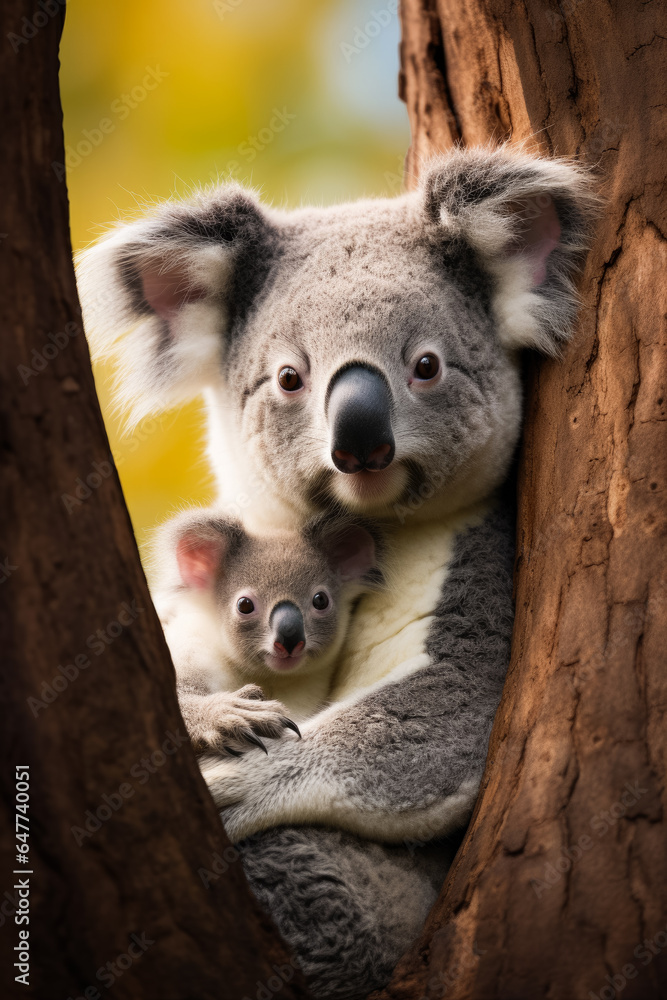 Fototapeta premium A heartwarming capture of a koala mother and joey nestled on a eucalyptus tree background with empty space for text 