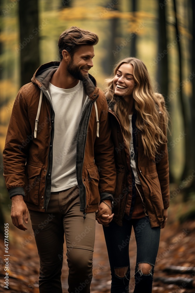 a beautiful young caucasian couple posing for a selfie photo on a forest walk on a vacation in autumn a beautiful young caucasian couple posing for a selfie photo on a forest walk on a vacation in autumn