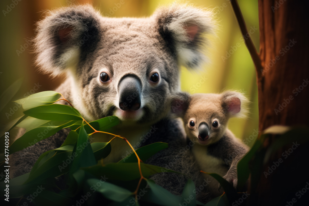 Fototapeta premium A heartwarming capture of a Koala mother tenderly sharing eucalyptus leaves with her adorable joey amidst lush Australian forests 