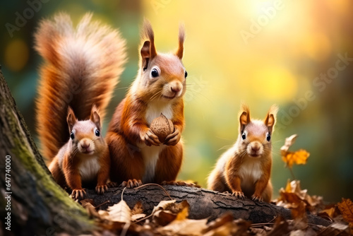 A close-up of a squirrel family happily gathering nuts in a lush forest background with ample empty space for text 