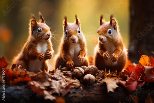 A family of squirrels diligently collects nuts in a lush forest preparing for the cold winter ahead 