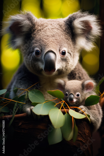 A heartwarming capture of a Koala mother tenderly sharing eucalyptus leaves with her adorable joey amidst lush Australian forests 