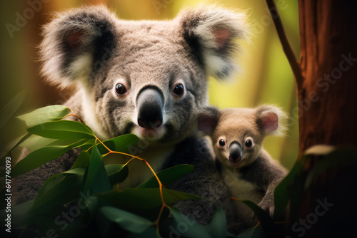A heartwarming capture of a Koala mother tenderly sharing eucalyptus leaves with her adorable joey amidst lush Australian forests 