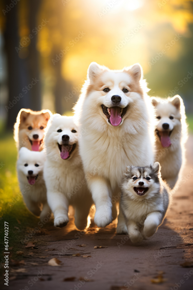 A joyful moment captured: Adorable puppies romp with their proud parent dogs in a vibrant park setting A joyful moment captured: Adorable puppies romp with their proud parent dogs in a vibrant park setting