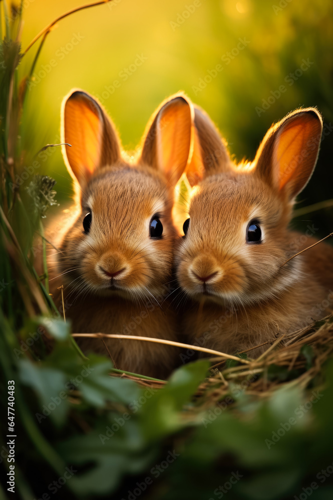 Fototapeta premium Adorable baby rabbits snuggled up to their mother in a lush green field portraying warmth and love 