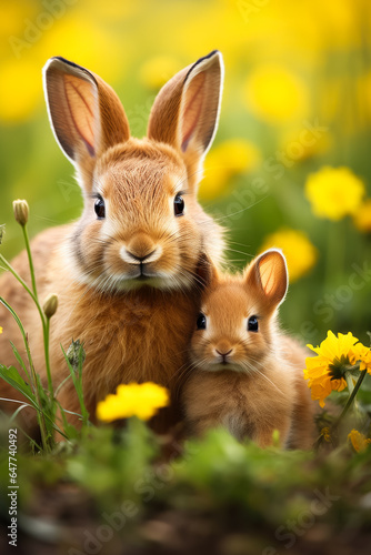 Adorable baby rabbits snuggled up to their mother in a lush green field portraying warmth and love 