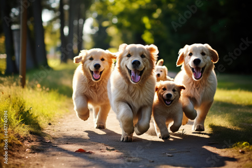 Adorable puppies eagerly frolic alongside their proud parent dogs spreading joy and laughter in the sunny park 