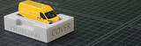 Conceptual van insurance for a new yellow van in a polystyrene crate completely protected 3d render