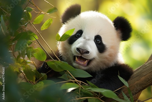 Panda Bear Sitting in Tree with Open Mouth