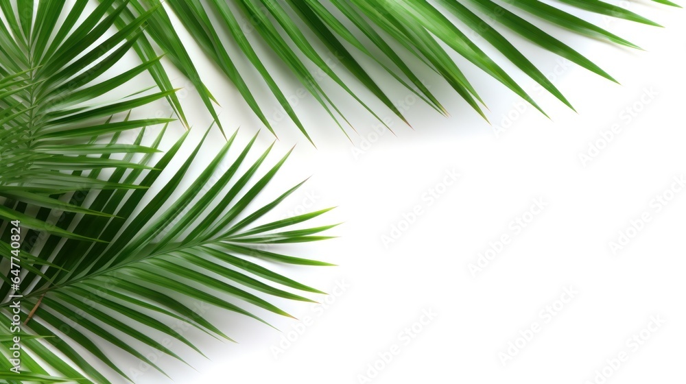 Fototapeta premium Tropical beach coconut palm tree leaves isolated on white background, green palm fronds layout for summer and tropical nature concept.