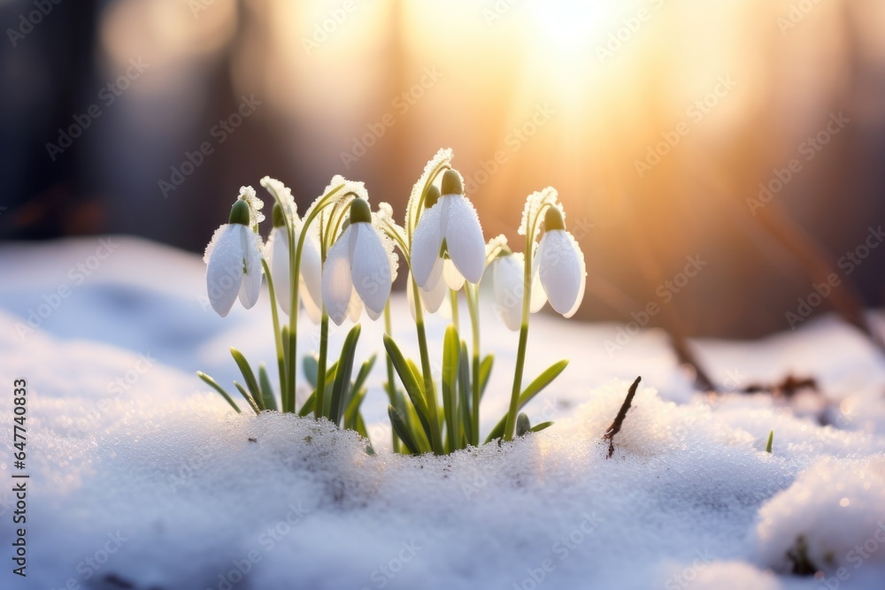 Group of Snowdrops in the Snow - obrazy, fototapety, plakaty 