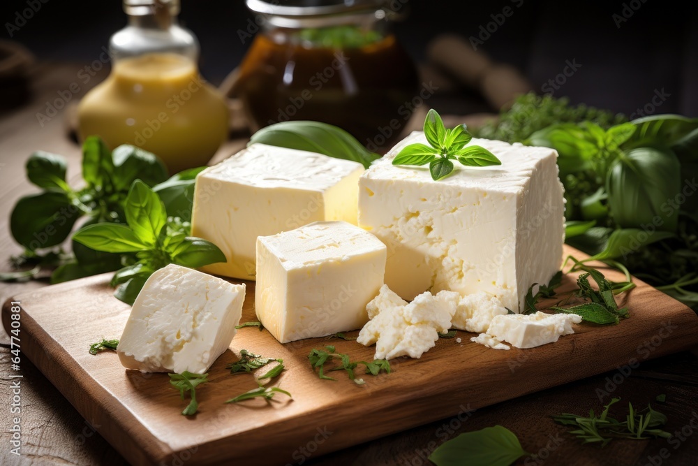 Wooden Cutting Board with Cheese and Herbs