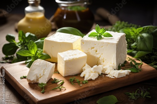 Wooden Cutting Board with Cheese and Herbs