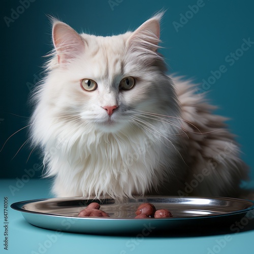 Cat on a blue background that does not like the food that has been put on it